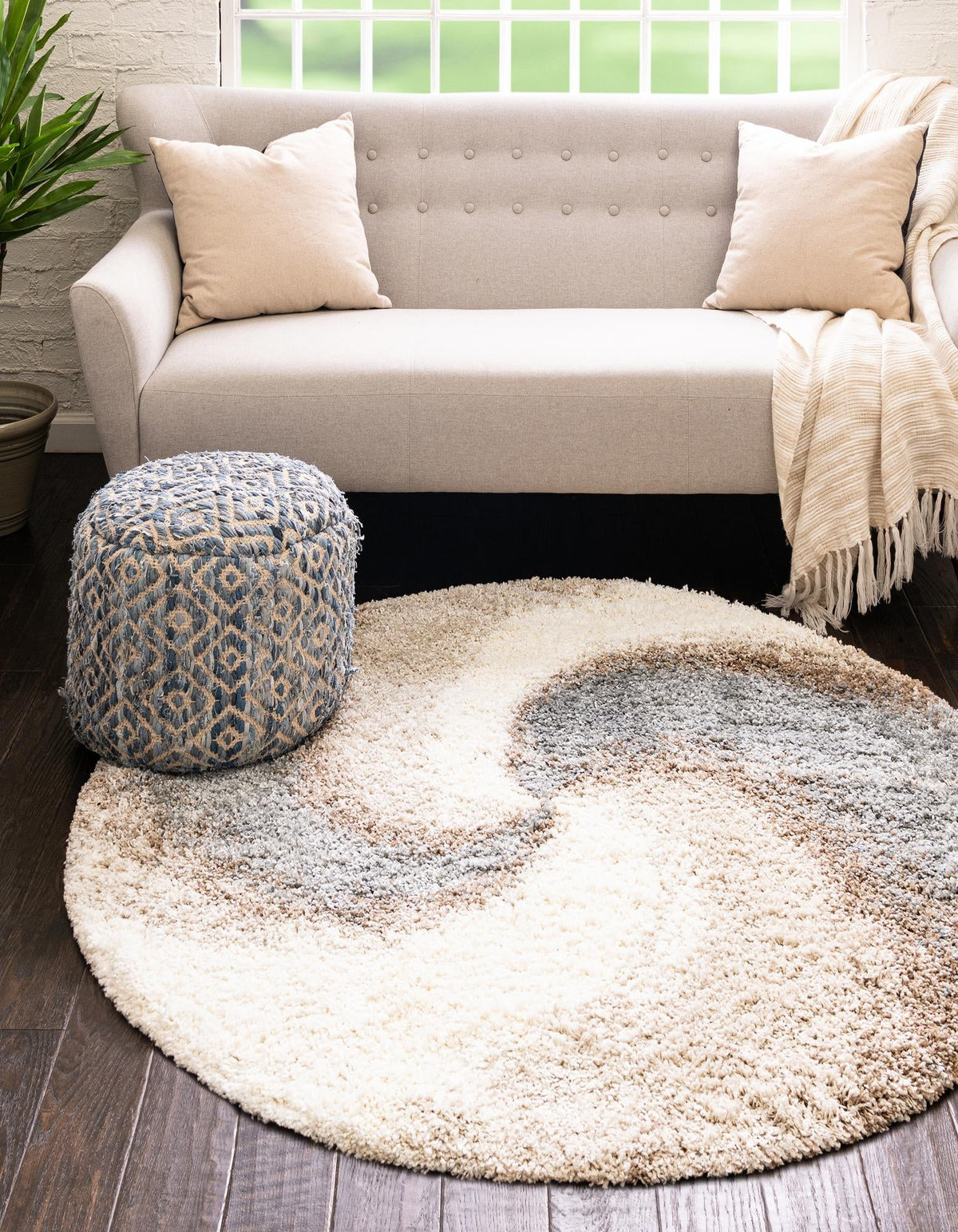 Cozy Haven Shag Collection Area Rug - Oasis Round Khaki lifestyle 87