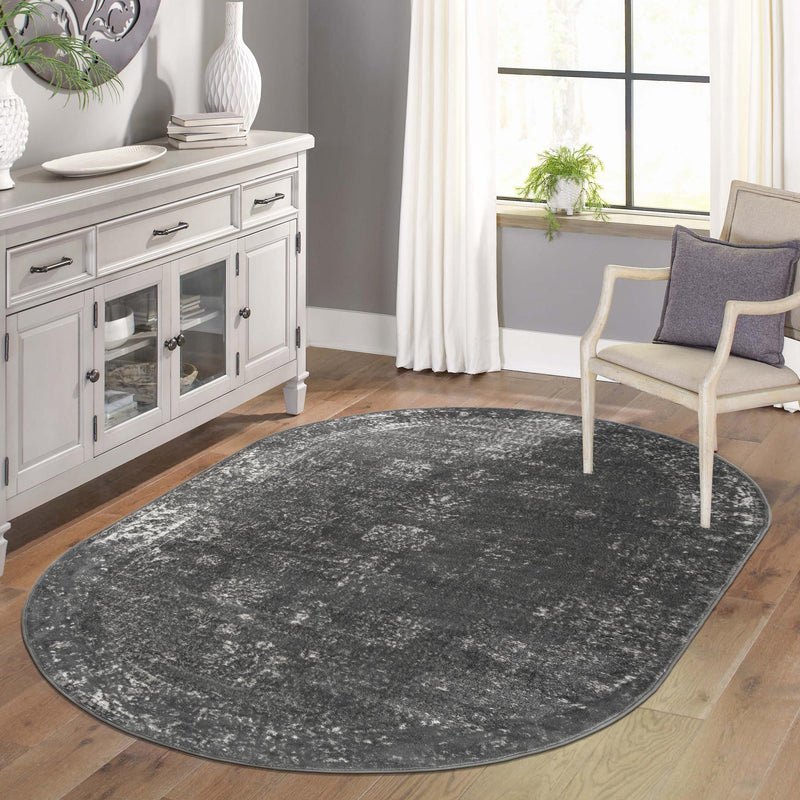 Riviera Elegance Collection Area Rug - Antibes (Dark Gray) Oval Dark Gray lifestyle 47