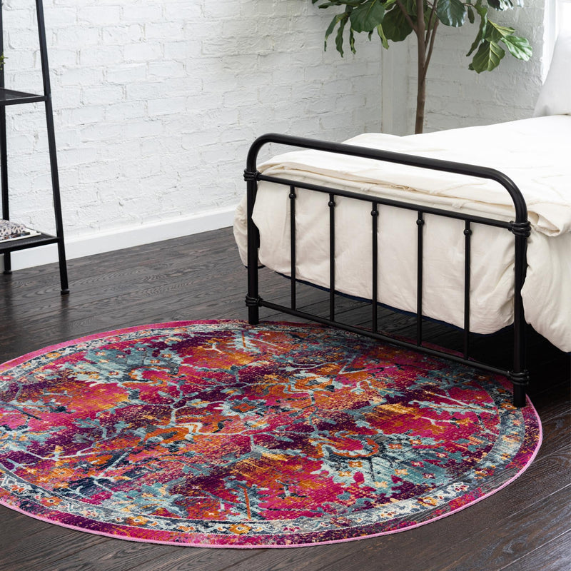 Prague Tapestry Collection Area Rug - Moravia Round Fuchsia lifestyle 46