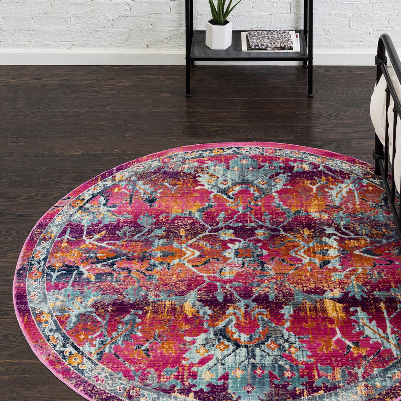 Prague Tapestry Collection Area Rug - Moravia Round Fuchsia lifestyle 53