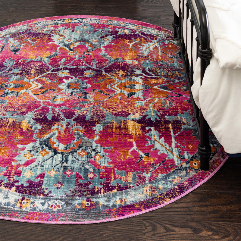 Prague Tapestry Collection Area Rug - Moravia Round Fuchsia lifestyle 60