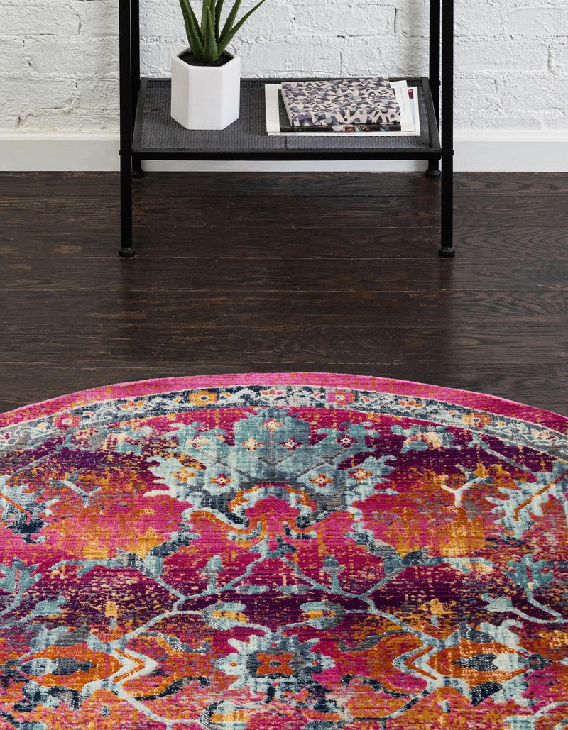 Prague Tapestry Collection Area Rug - Moravia Round Fuchsia lifestyle 70