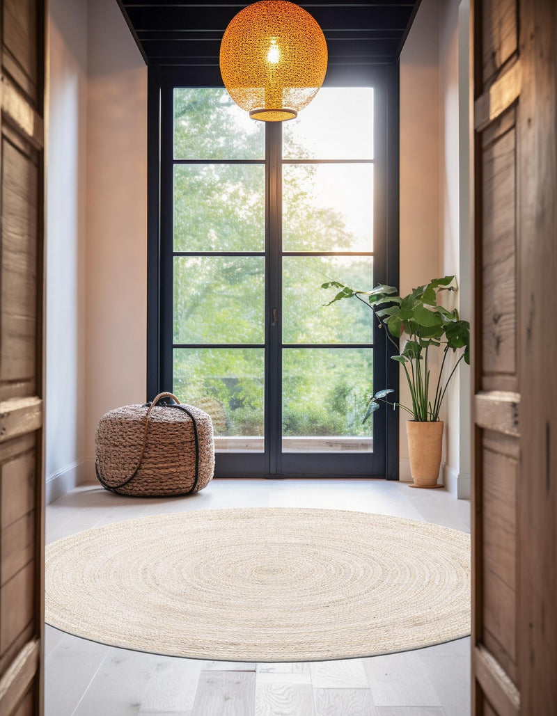 Woven Seaside Jute Collection Area Rug - Savannah (White) Round White lifestyle 61