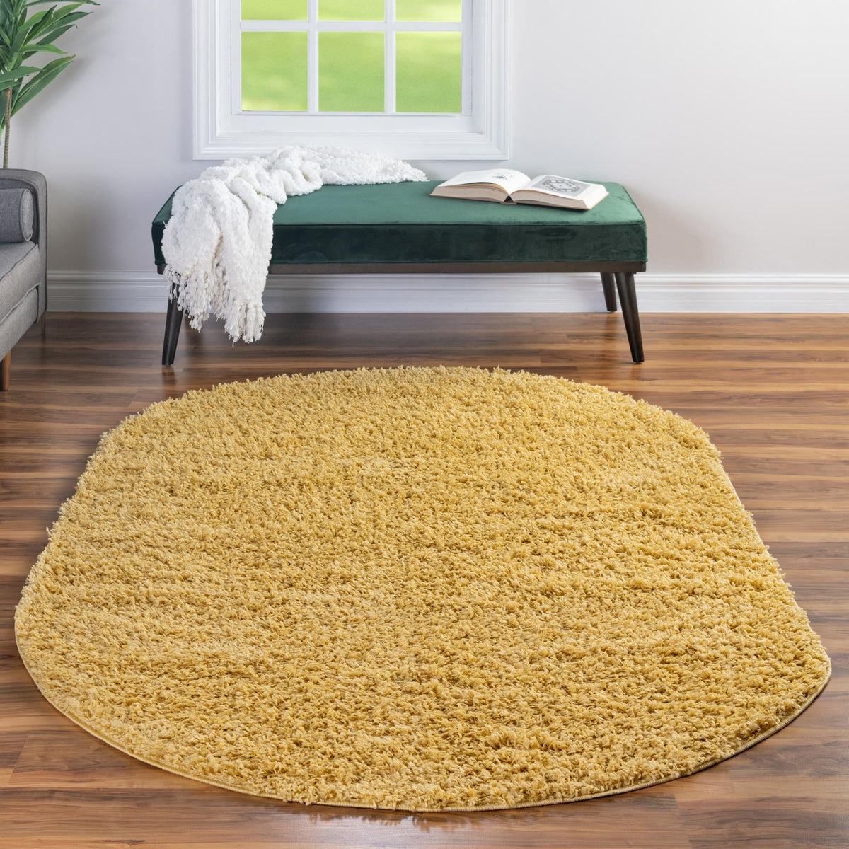 Cozy Comfort Shag Collection Area Rug - Hearthside (Yellow) Oval Yellow lifestyle 34