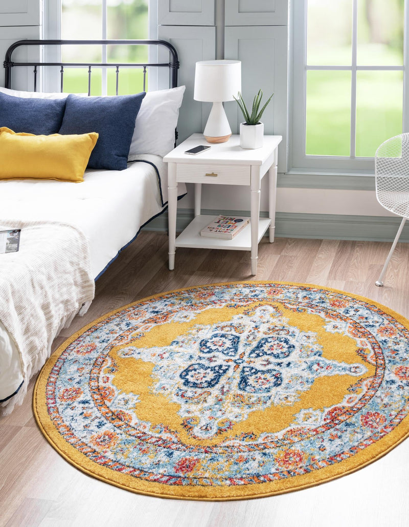 Beverly Grove Collection Area Rug - Fairfax (Yellow) Round Yellow lifestyle 21