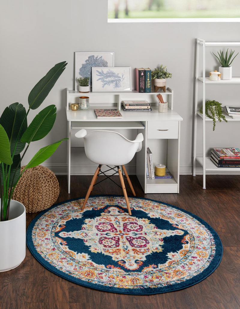 Beverly Grove Collection Area Rug - Fairfax (Navy Blue) Round Navy Blue lifestyle 14