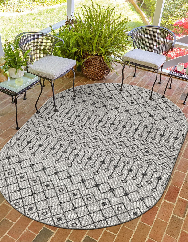 Garden Lattice Oasis Collection Area Rug - Pergola (Gray) Oval Gray lifestyle 34