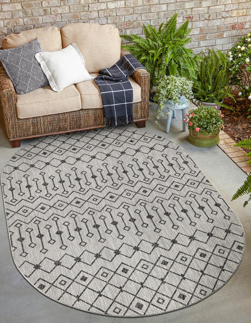 Garden Lattice Oasis Collection Area Rug - Pergola (Gray) Oval Gray lifestyle 52