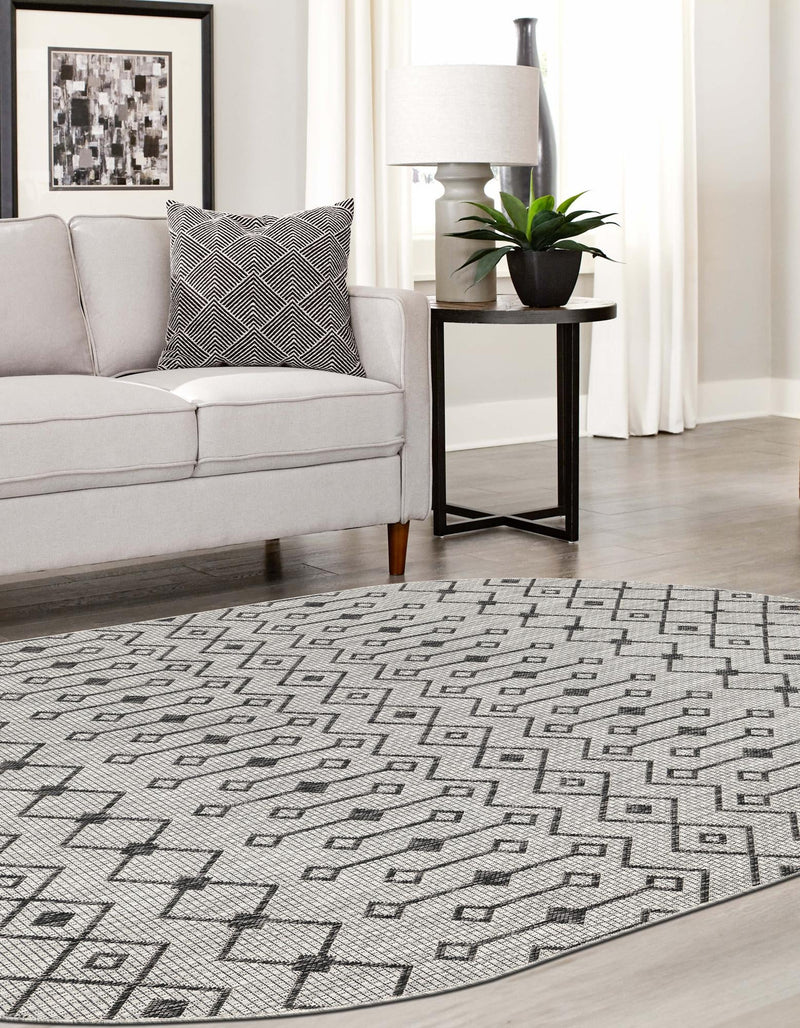 Garden Lattice Oasis Collection Area Rug - Pergola (Gray) Oval Gray lifestyle 55