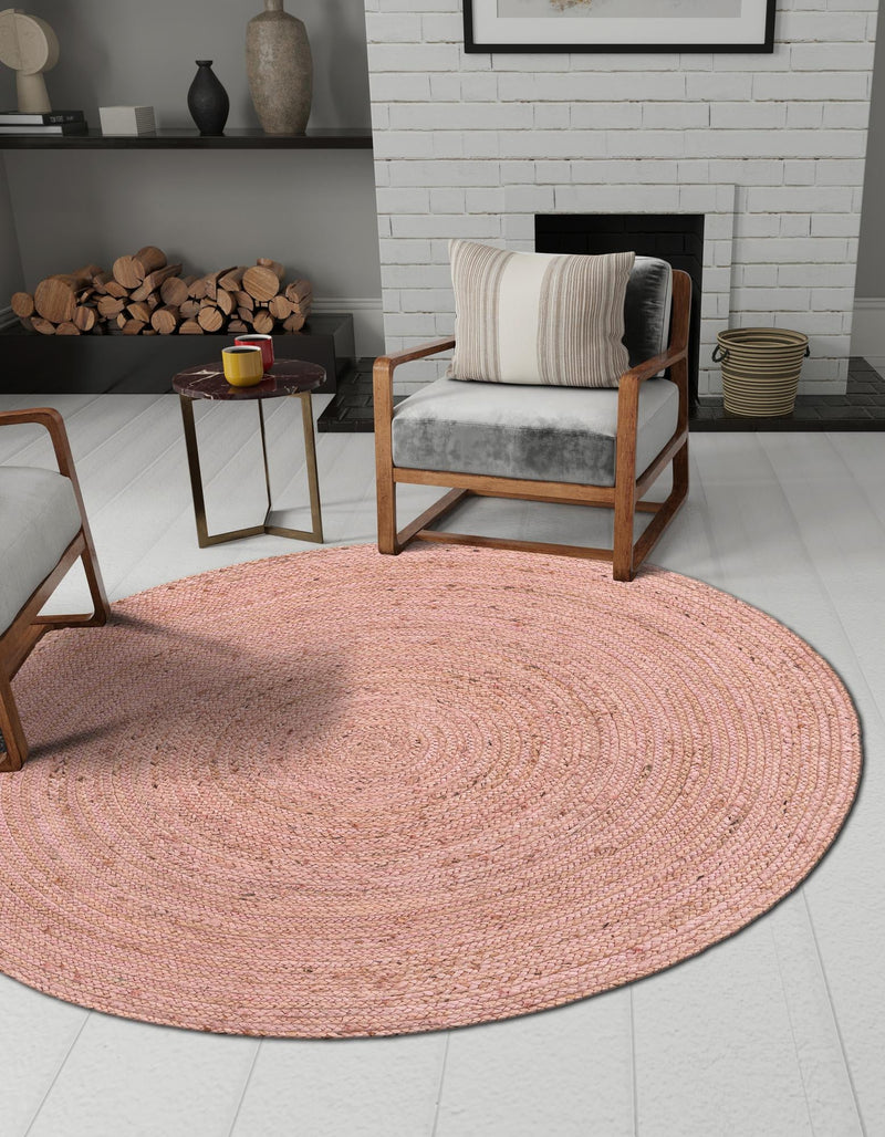 Woven Seaside Jute Collection Area Rug - Savannah (Light Pink) Round Light Pink lifestyle 47