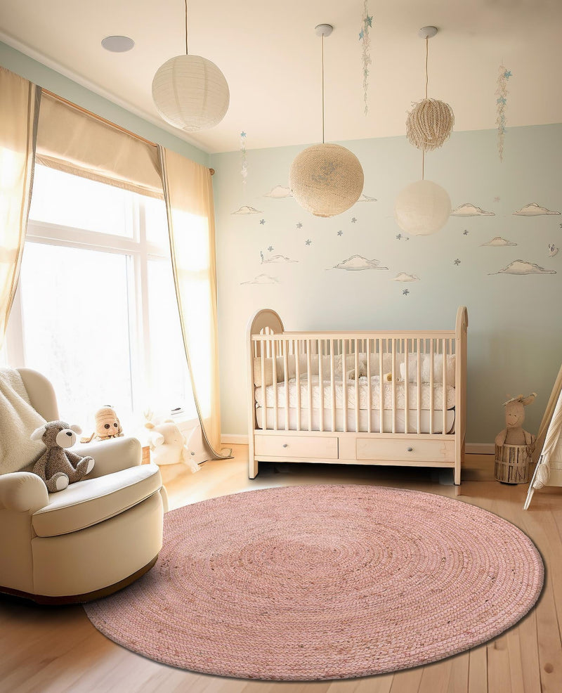 Woven Seaside Jute Collection Area Rug - Savannah (Light Pink) Round Light Pink lifestyle 64