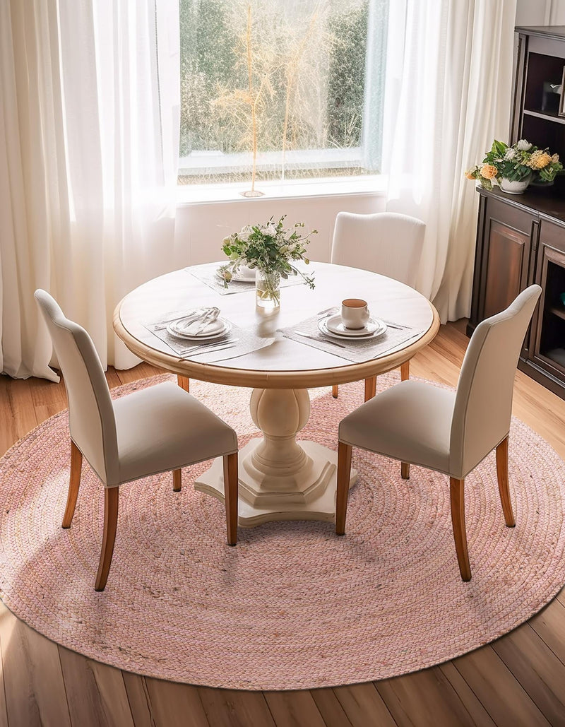 Woven Seaside Jute Collection Area Rug - Savannah (Light Pink) Round Light Pink lifestyle 68