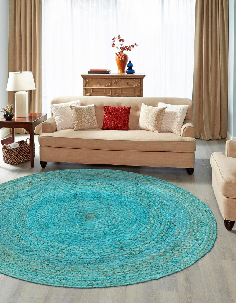 Woven Seaside Jute Collection Area Rug - Savannah (Turquoise) Round Turquoise lifestyle 30