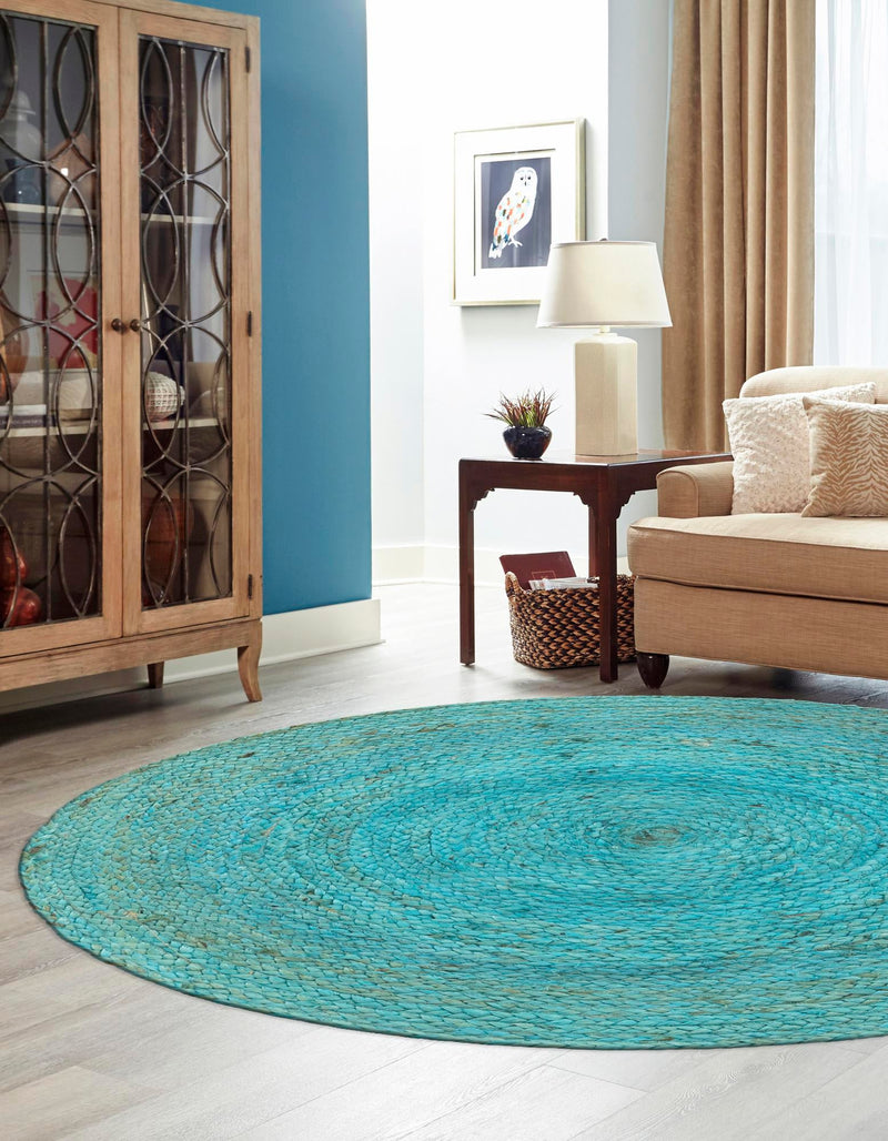 Woven Seaside Jute Collection Area Rug - Savannah (Turquoise) Round Turquoise lifestyle 34