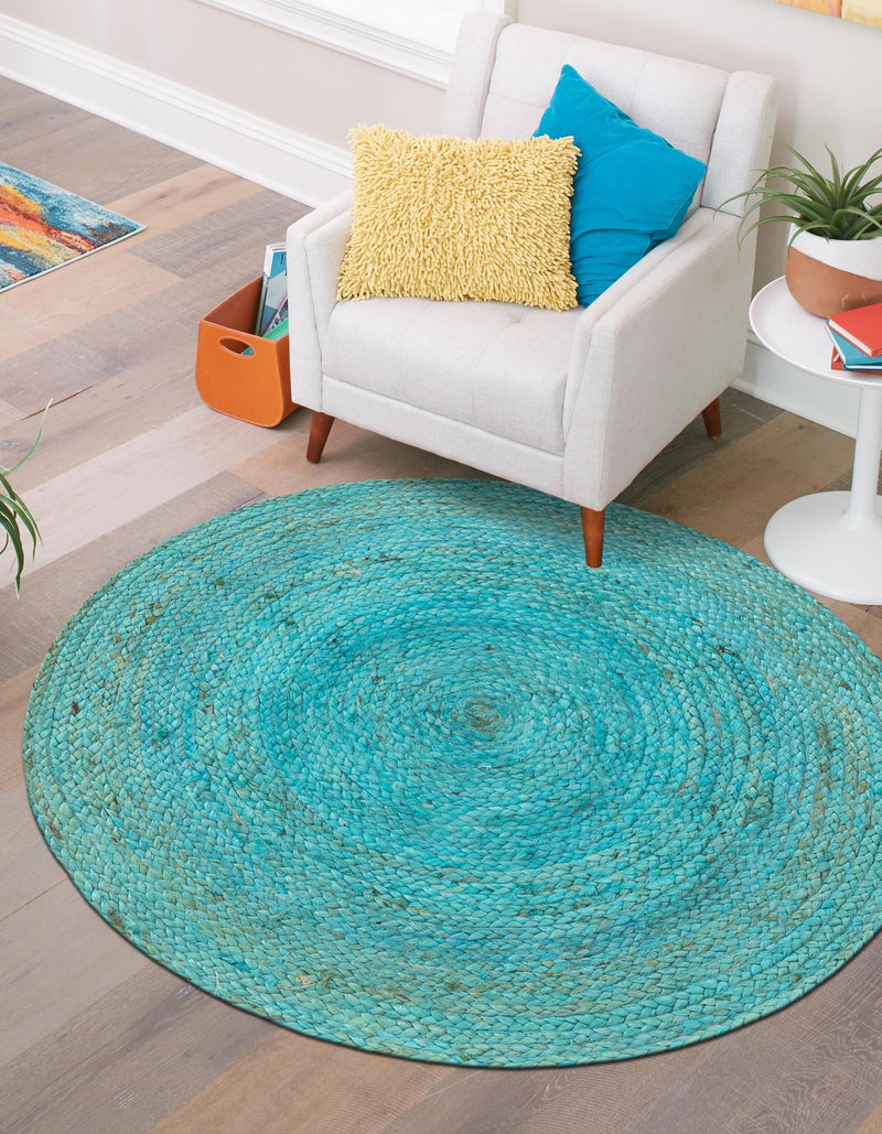 Woven Seaside Jute Collection Area Rug - Savannah (Turquoise) Round Turquoise lifestyle 39
