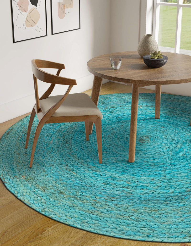 Woven Seaside Jute Collection Area Rug - Savannah (Turquoise) Round Turquoise lifestyle 41
