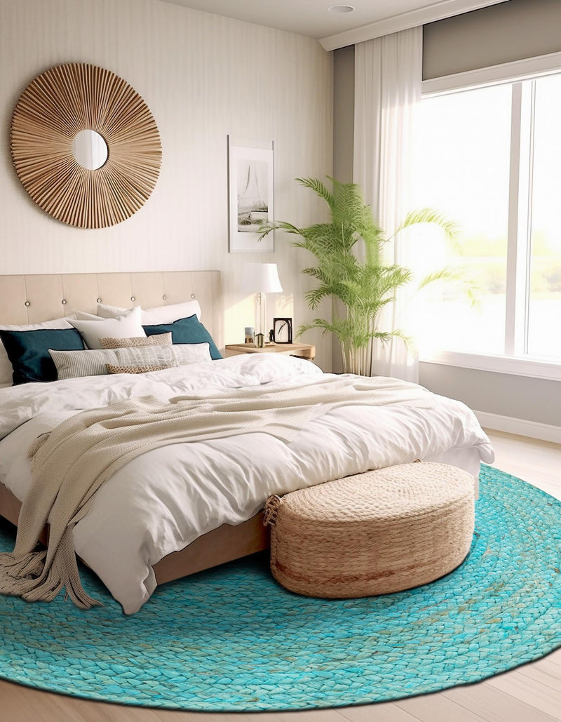 Woven Seaside Jute Collection Area Rug - Savannah (Turquoise) Round Turquoise lifestyle 43