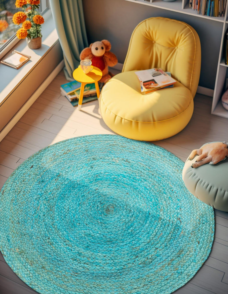 Woven Seaside Jute Collection Area Rug - Savannah (Turquoise) Round Turquoise lifestyle 45