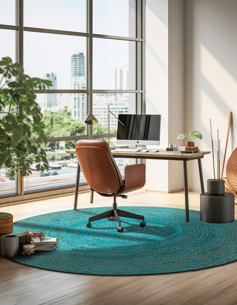 Woven Seaside Jute Collection Area Rug - Savannah (Turquoise) Round Turquoise lifestyle 47