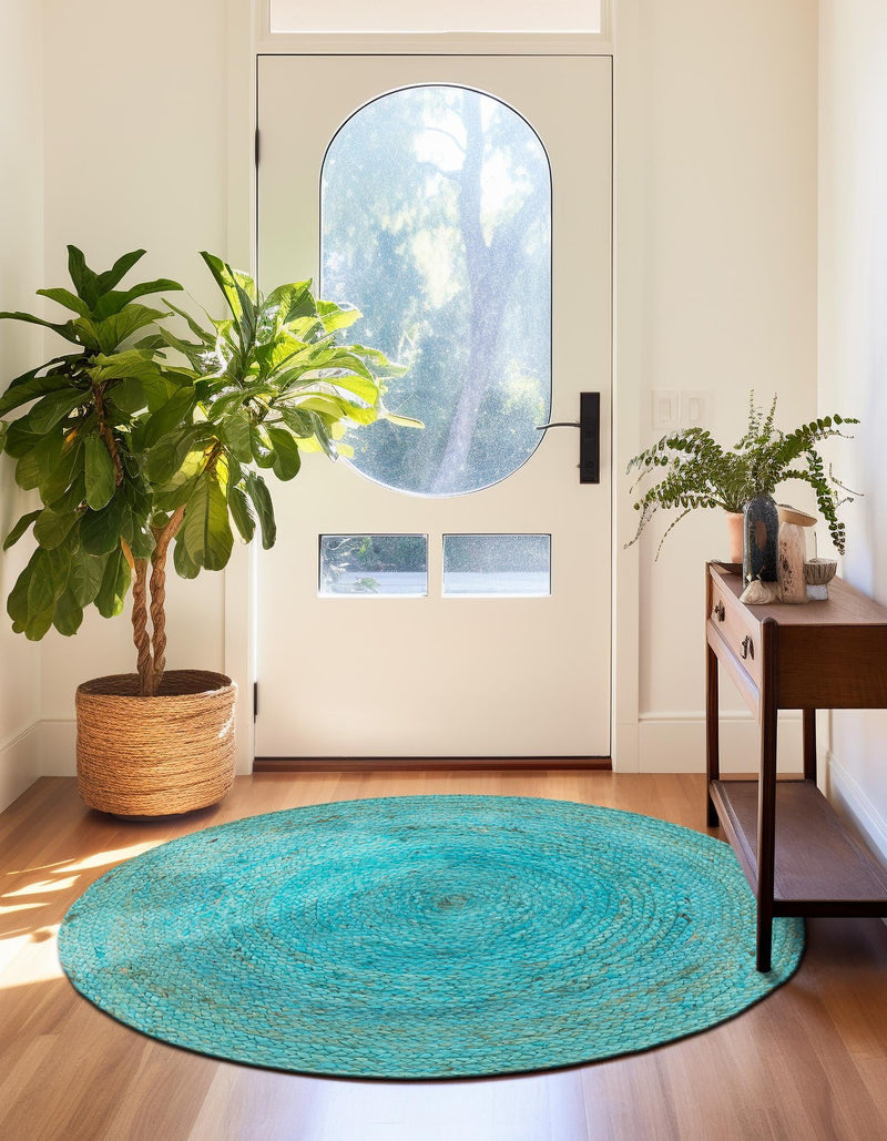 Woven Seaside Jute Collection Area Rug - Savannah (Turquoise) Round Turquoise lifestyle 49