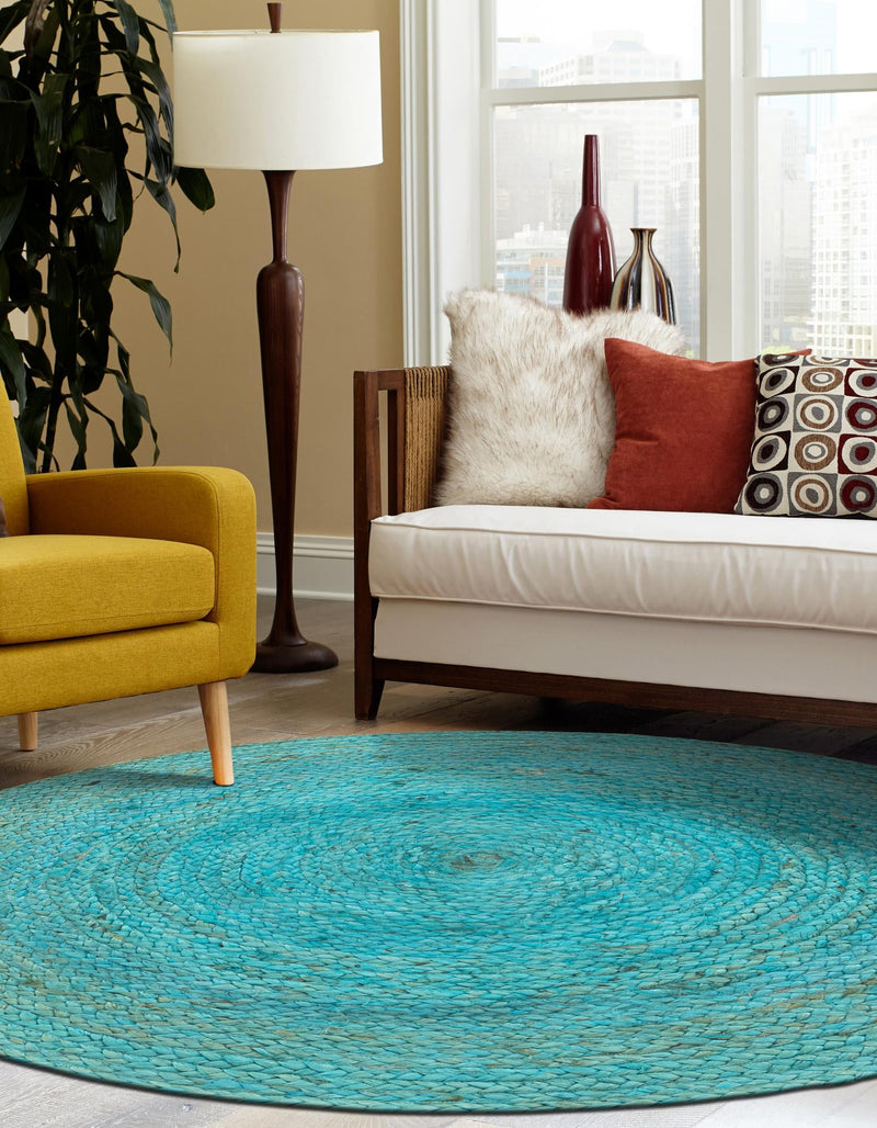 Woven Seaside Jute Collection Area Rug - Savannah (Turquoise) Round Turquoise lifestyle 51