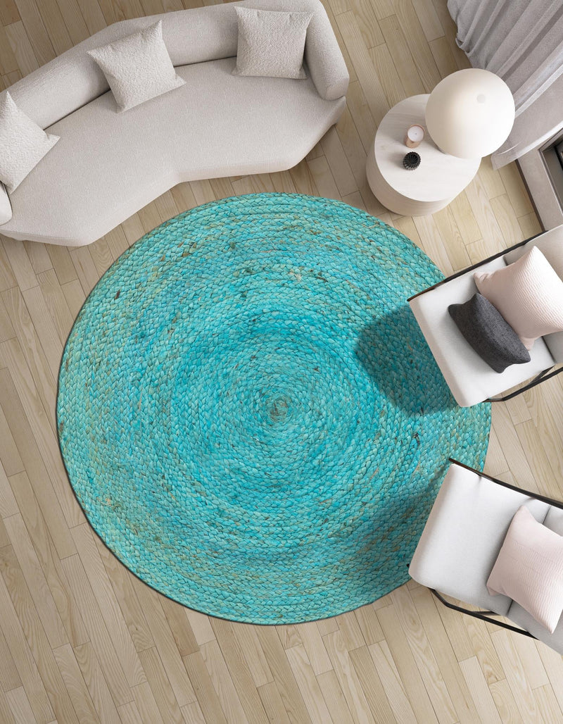 Woven Seaside Jute Collection Area Rug - Savannah (Turquoise) Round Turquoise lifestyle 53