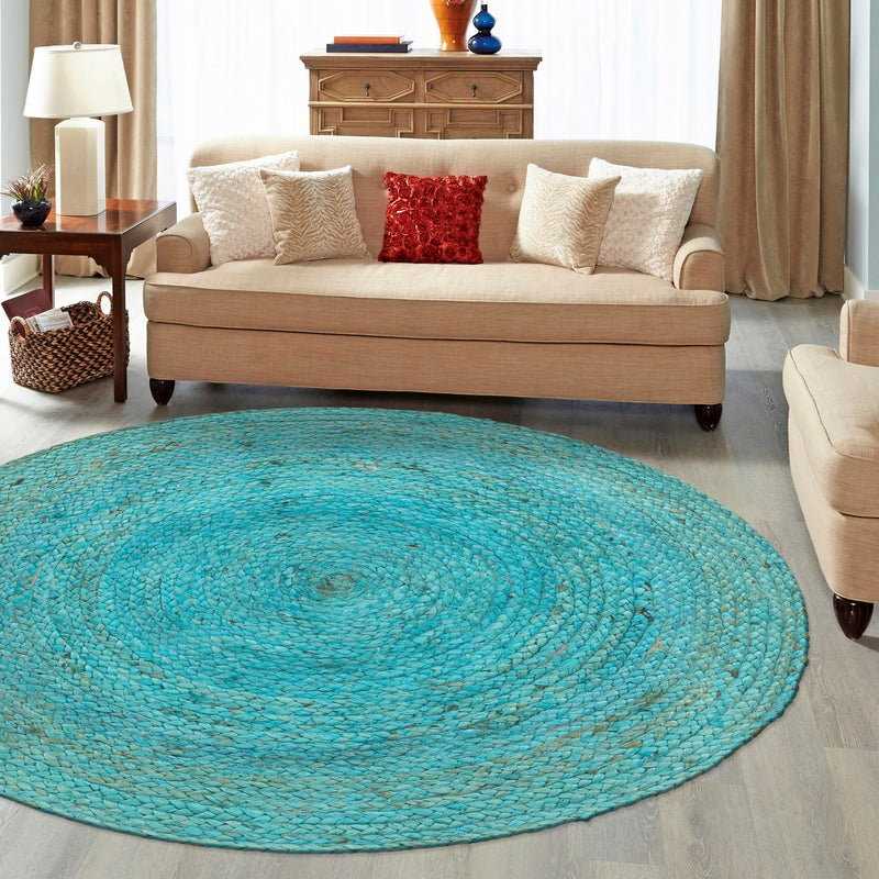 Woven Seaside Jute Collection Area Rug - Savannah (Turquoise) Round Turquoise lifestyle 96