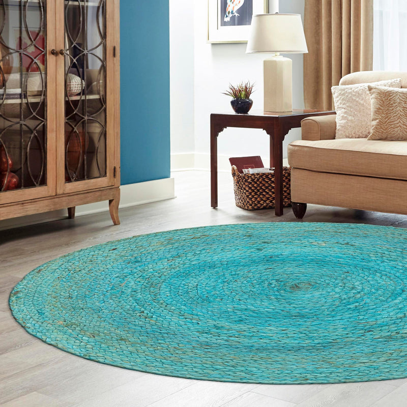 Woven Seaside Jute Collection Area Rug - Savannah (Turquoise) Round Turquoise lifestyle 99