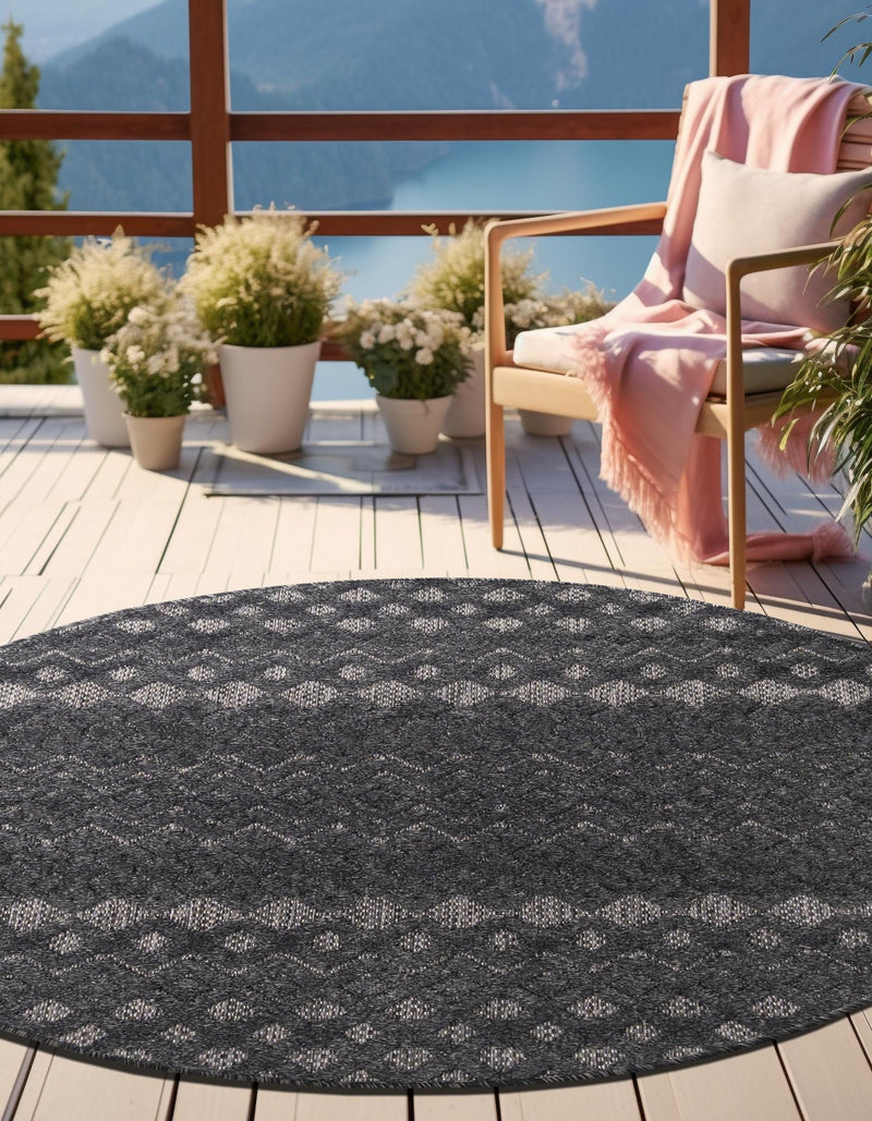 Garden Lattice Charm Collection Area Rug - Pergola (Charcoal) Round Charcoal lifestyle 28