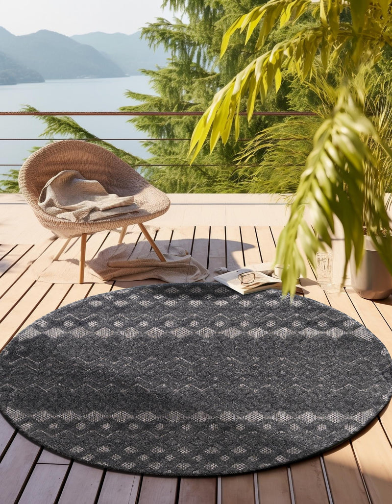 Garden Lattice Charm Collection Area Rug - Pergola (Charcoal) Round Charcoal lifestyle 32