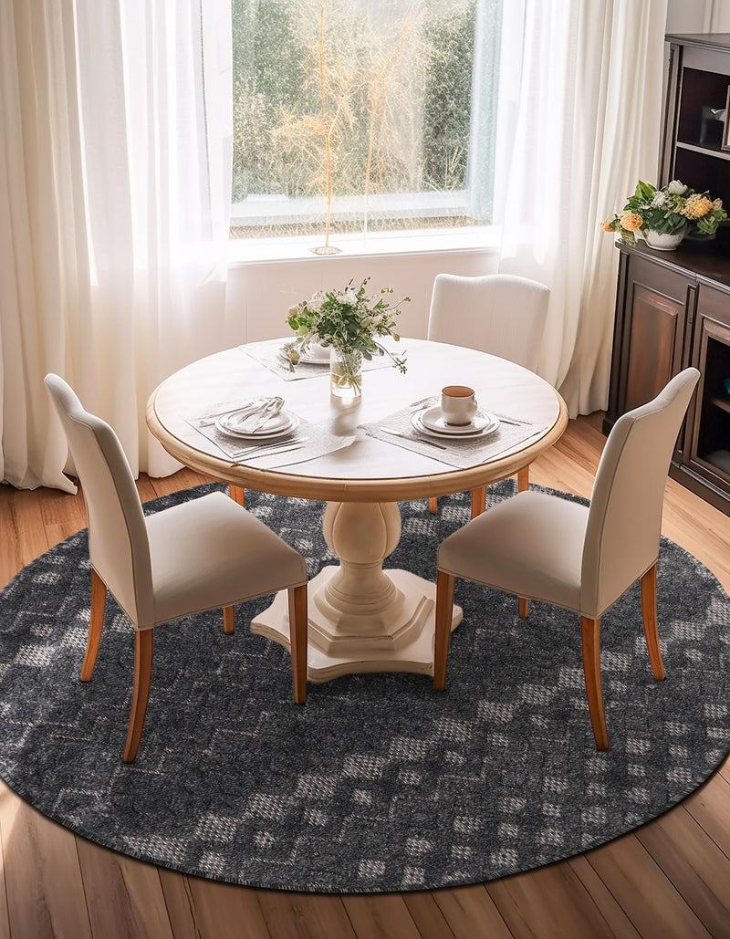 Garden Lattice Charm Collection Area Rug - Pergola (Charcoal) Round Charcoal lifestyle 34
