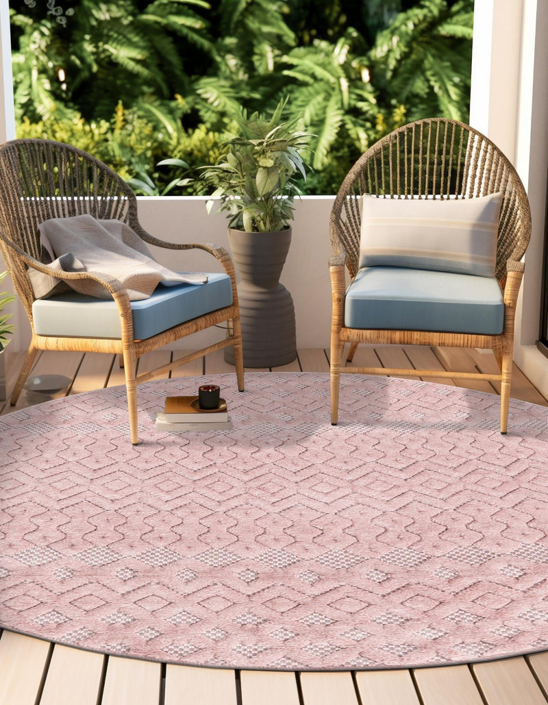 Garden Lattice Charm Collection Area Rug - Pergola (Pink) Round Pink lifestyle 36