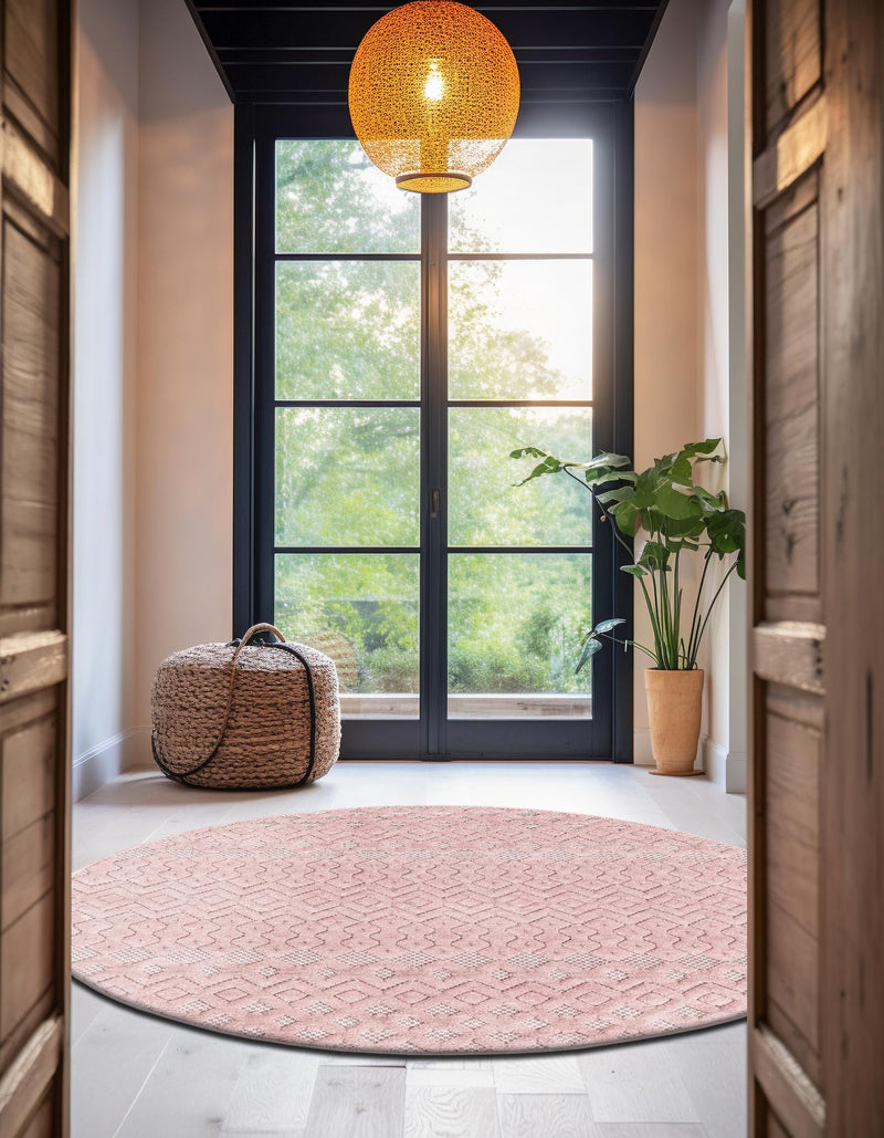 Garden Lattice Charm Collection Area Rug - Pergola (Pink) Round Pink lifestyle 42