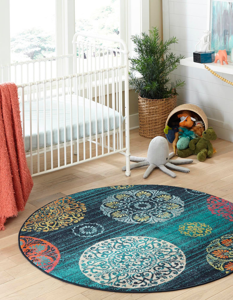 Oceanview Gardens Collection Area Rug - Marina Round Navy Blue lifestyle 29