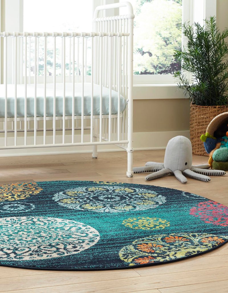Oceanview Gardens Collection Area Rug - Marina Round Navy Blue lifestyle 36