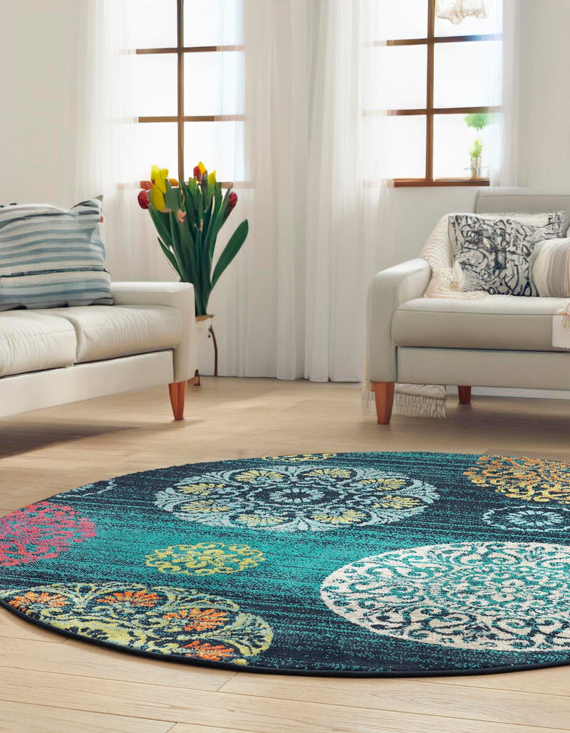 Oceanview Gardens Collection Area Rug - Marina Round Navy Blue lifestyle 43