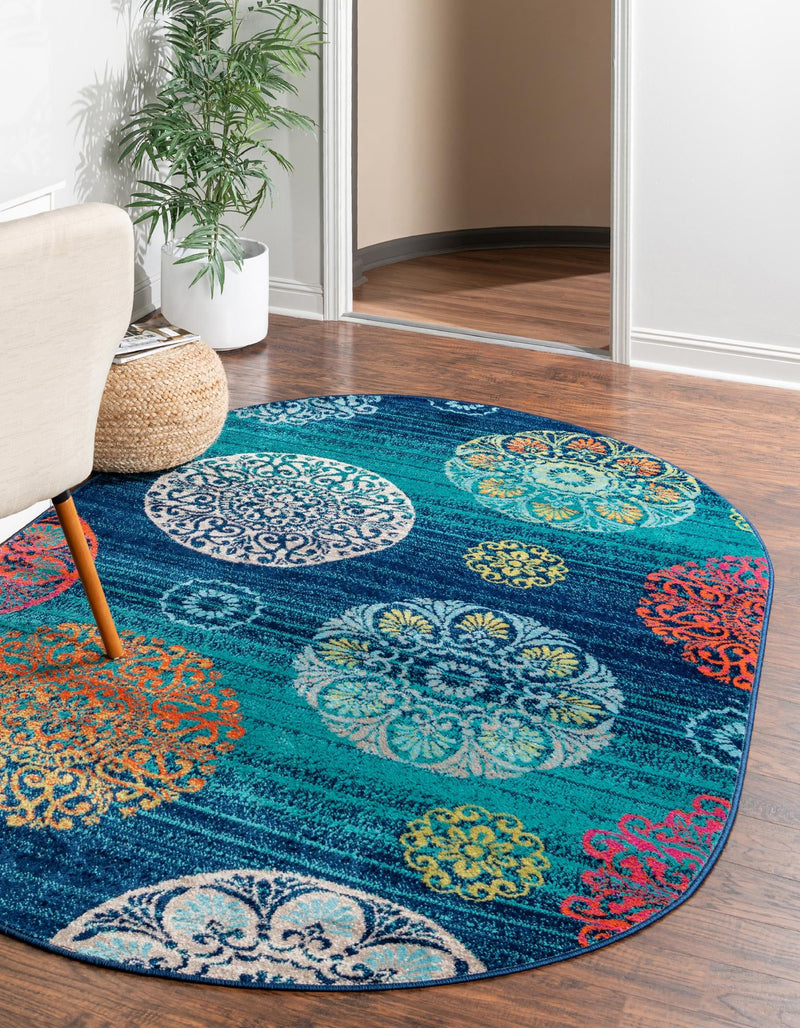 Oceanview Gardens Collection Area Rug - Marina Oval Navy Blue lifestyle 37
