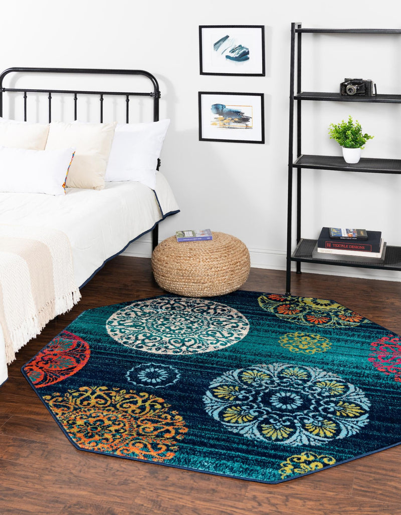 Oceanview Gardens Collection Area Rug - Marina Octagon Navy Blue lifestyle 38
