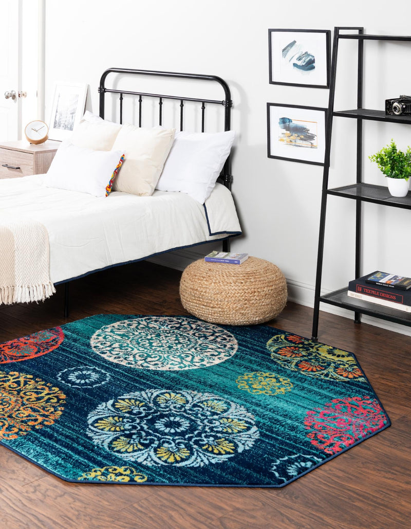 Oceanview Gardens Collection Area Rug - Marina Octagon Navy Blue lifestyle 48