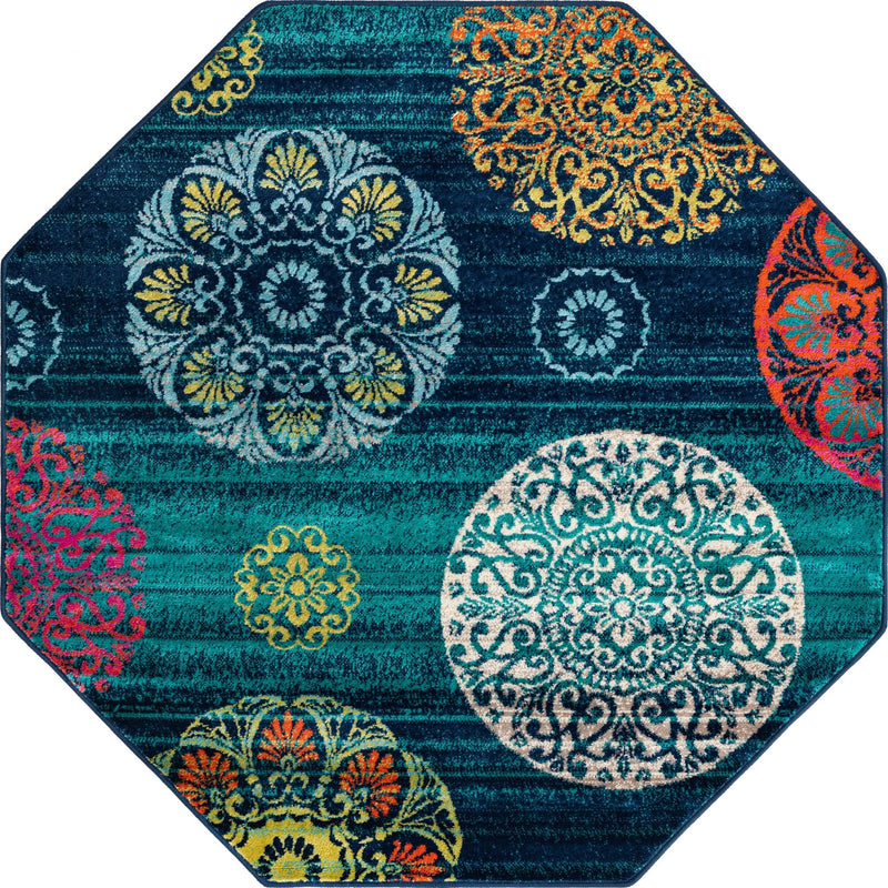 Oceanview Gardens Collection Area Rug - Marina Octagon Navy Blue lifestyle 29