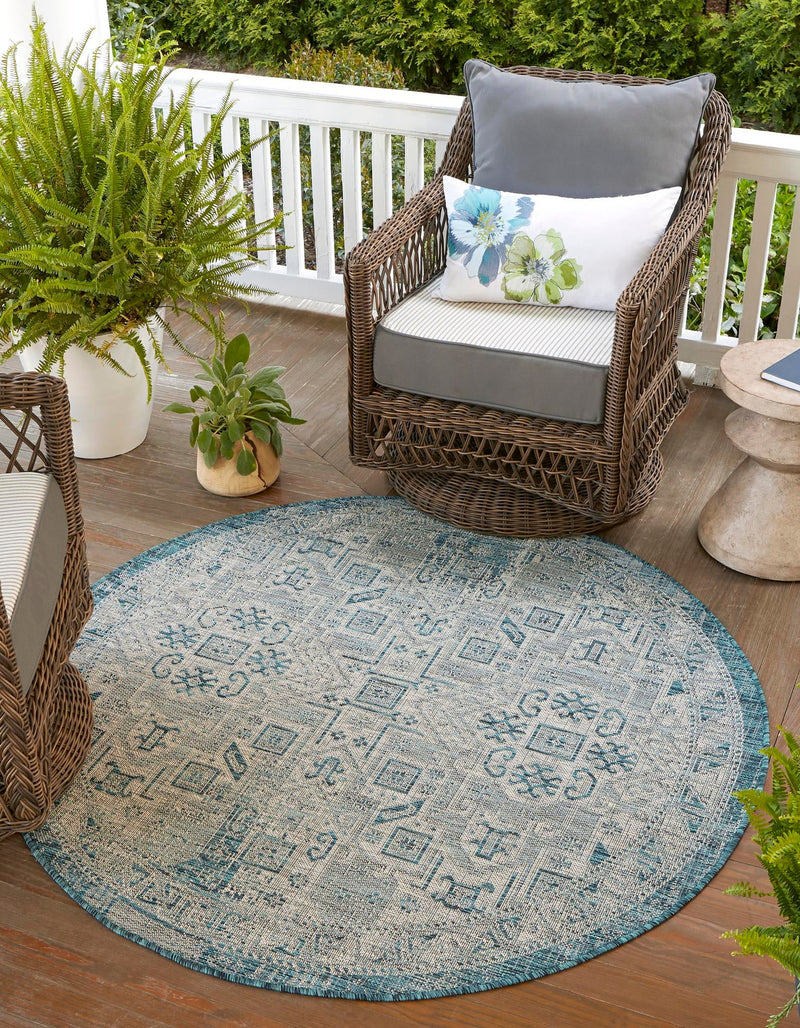 Tribal Terrace Treasures Collection Area Rug - Mayan Marina (Teal) Round Teal lifestyle 0