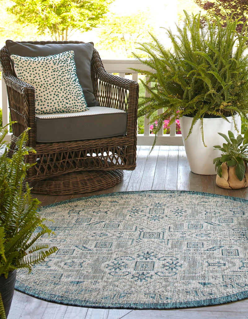 Tribal Terrace Treasures Collection Area Rug - Mayan Marina (Teal) Round Teal lifestyle 2