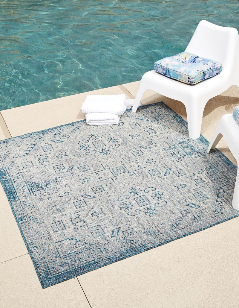 Tribal Terrace Treasures Collection Area Rug - Mayan Marina (Teal) Square Teal lifestyle 0