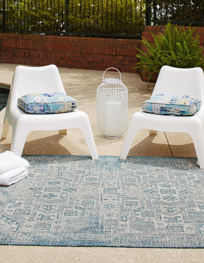 Tribal Terrace Treasures Collection Area Rug - Mayan Marina (Teal) Square Teal lifestyle 2