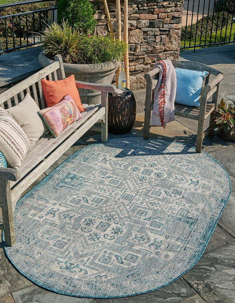 Tribal Terrace Treasures Collection Area Rug - Mayan Marina (Teal) Oval Teal lifestyle 0