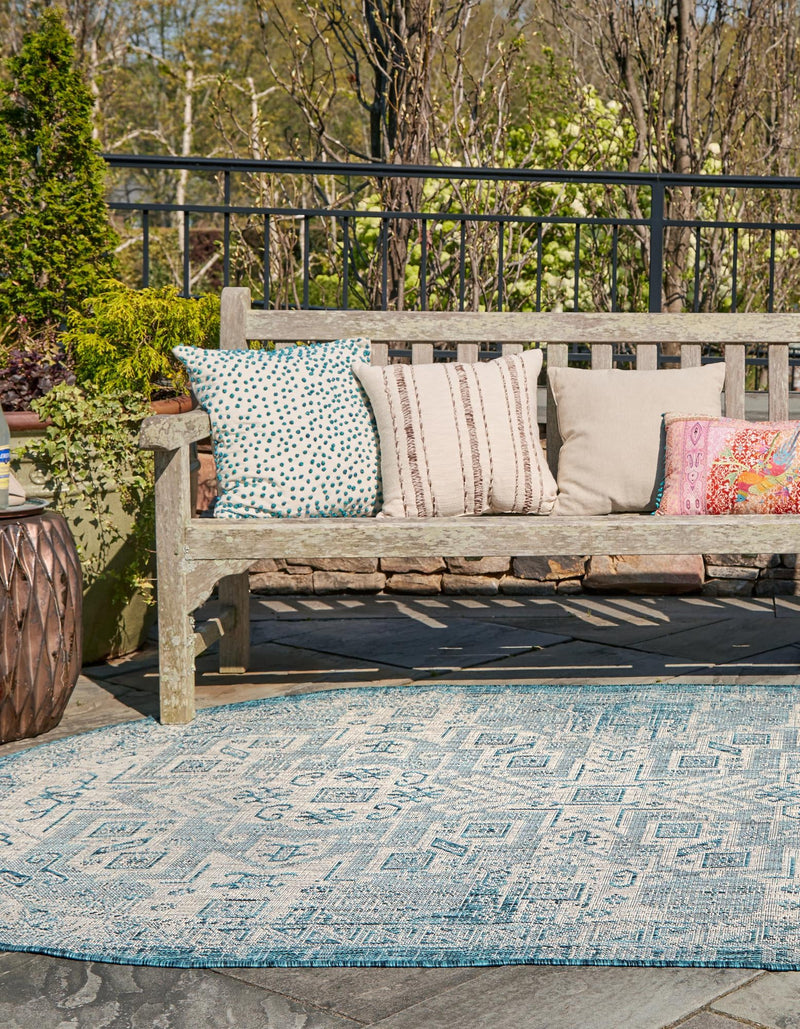 Tribal Terrace Treasures Collection Area Rug - Mayan Marina (Teal) Oval Teal lifestyle 2