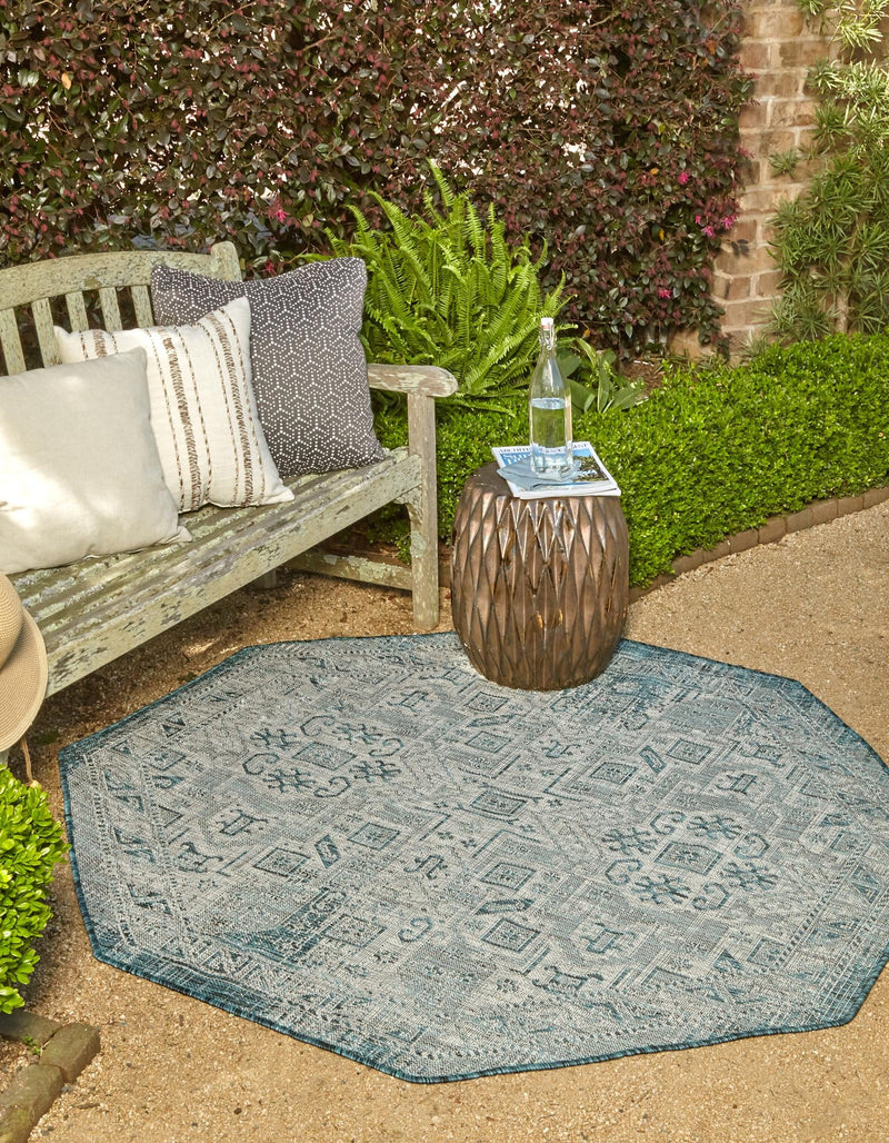 Tribal Terrace Treasures Collection Area Rug - Mayan Marina (Teal) Octagon Teal lifestyle 0