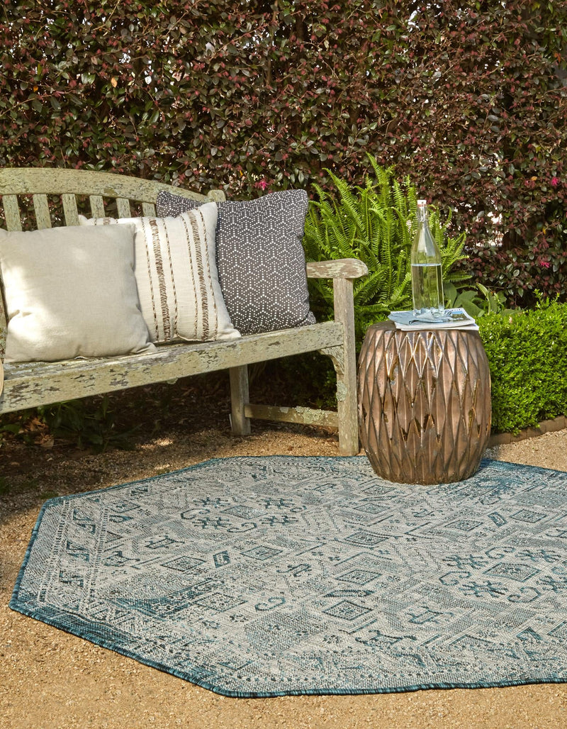 Tribal Terrace Treasures Collection Area Rug - Mayan Marina (Teal) Octagon Teal lifestyle 2