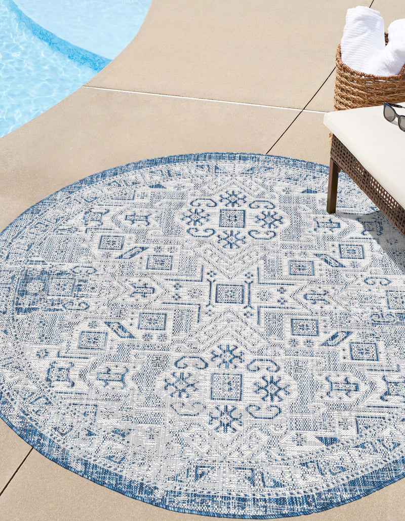 Tribal Terrace Treasures Collection Area Rug - Mayan Marina (Blue) Round Blue lifestyle 0