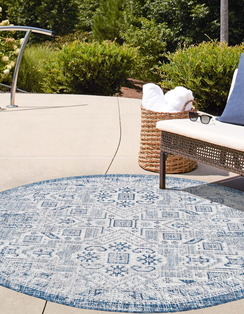 Tribal Terrace Treasures Collection Area Rug - Mayan Marina (Blue) Round Blue lifestyle 2